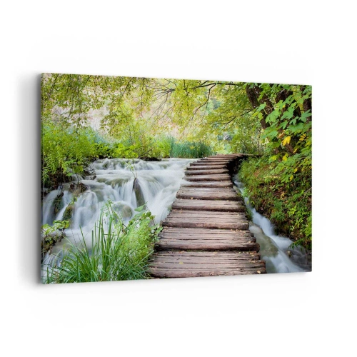 Impression sur toile - Image sur toile - Un pont en bois au-dessus d'une cascade entourée d'une forêt verdoyante. - 120x80cm - L'eau n'est pas si calme - Décoration murale moderne pour le salon et la chambre ARTTOR