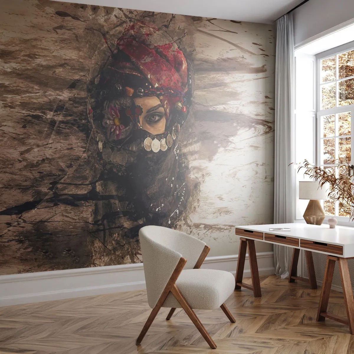 Papier Peint Photo Premium Canvas - Inquiétant, c'est le moins qu'on puisse dire - Abstraction, Visage de femme, Symboles orientaux - 350x256 cm