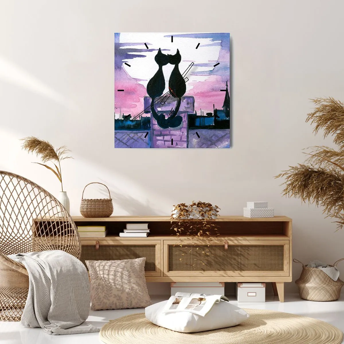 Horloge murale - Pendule murale - Chats noirs sur un toit au clair de lune dans un décor aquarelle - 30x30cm - Rendez-vous sous la lune - Décoration murale moderne pour le salon et la chambre ARTTOR