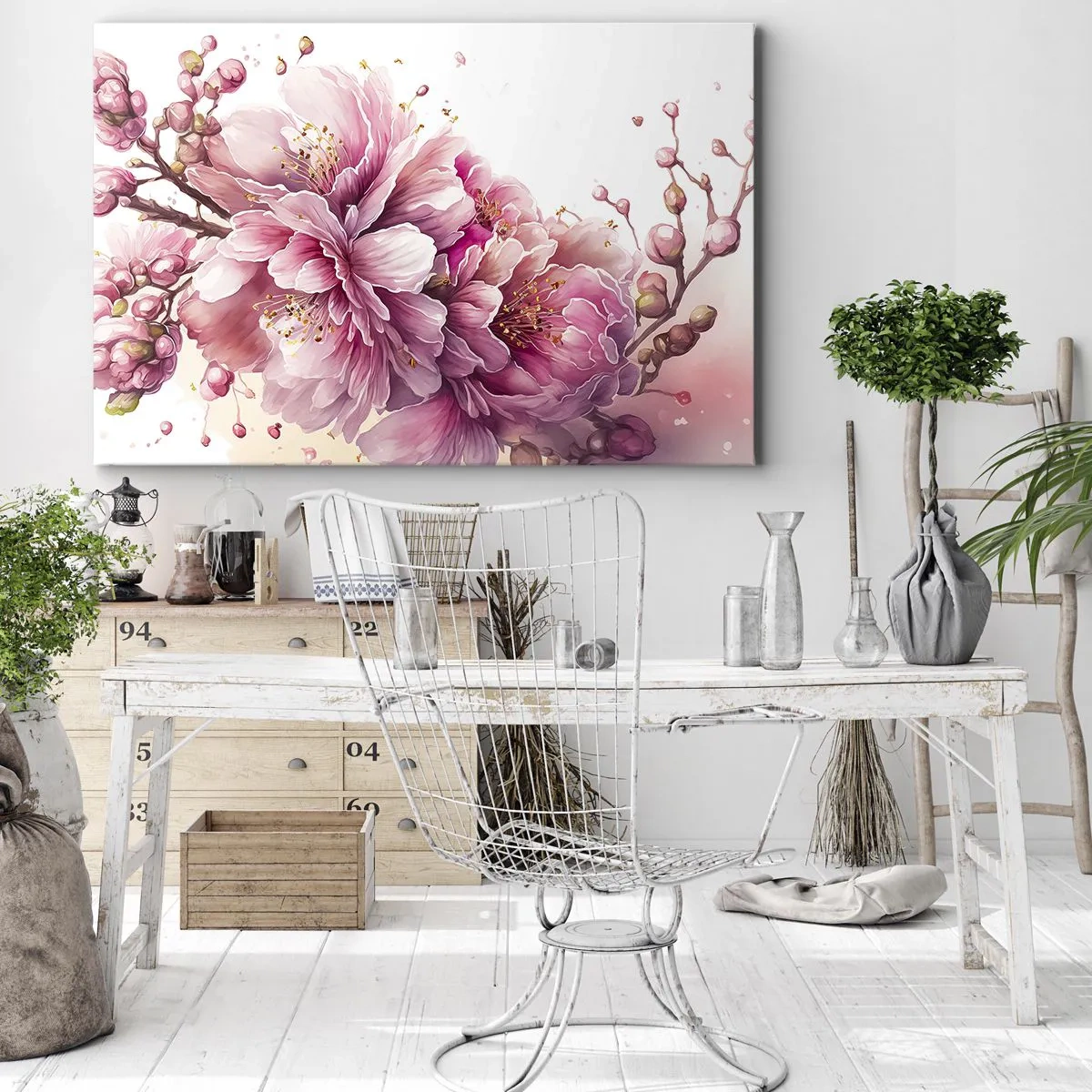 Impression sur toile - Image sur toile - De délicates fleurs de cerisier en pleine floraison sur un fond clair - 120x80cm - Fleur florissante de cerisier - Décoration murale moderne pour le salon et la chambre ARTTOR