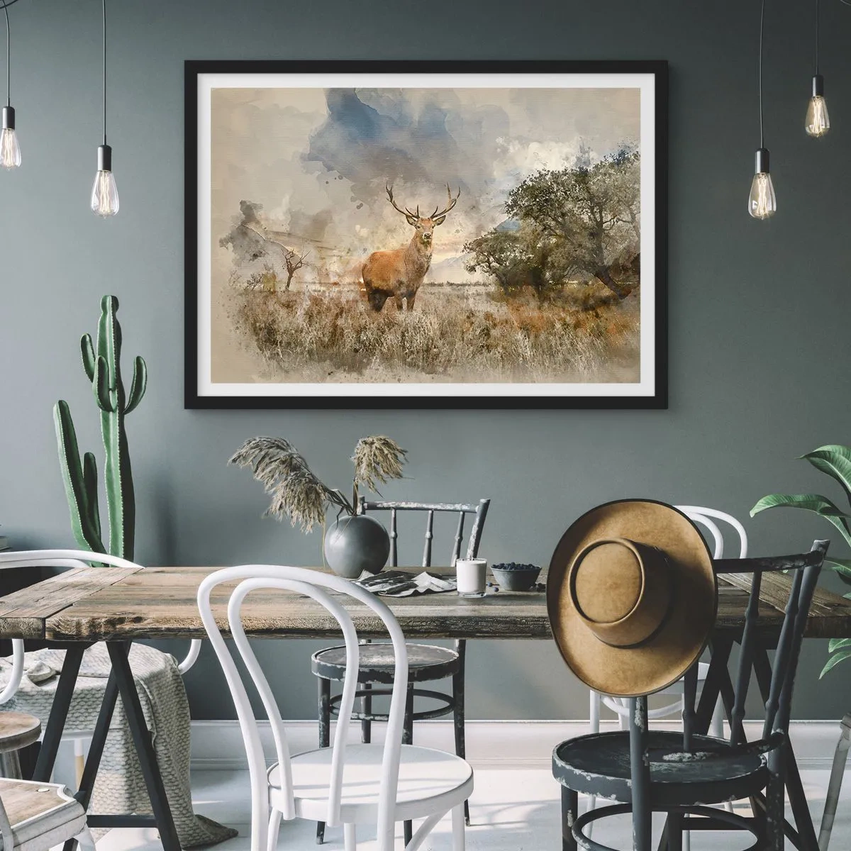 Affiche dans un cadre noir - Poster - Un cerf dans un cadre naturel dans un style aquarelle - 100x70cm - Dignité - force - majesté - Décoration murale moderne pour le salon et la chambre ARTTOR