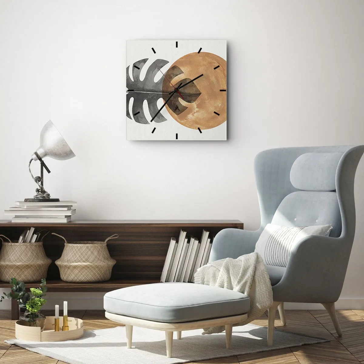 Horloge murale - Pendule murale - Feuille de Monstera et cercle doré sur fond clair - 30x30cm - Toujours le soleil - Décoration murale moderne pour le salon et la chambre ARTTOR