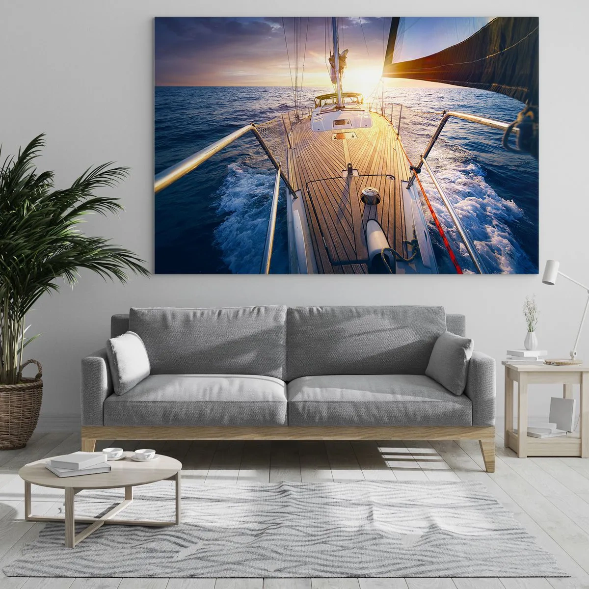 Impression sur verre - Image sur verre - Le pont d'un voilier sur fond de soleil couchant et de vagues de la mer - 70x50cm - Courir sur les vagues - Décoration murale moderne pour le salon et la chambre ARTTOR