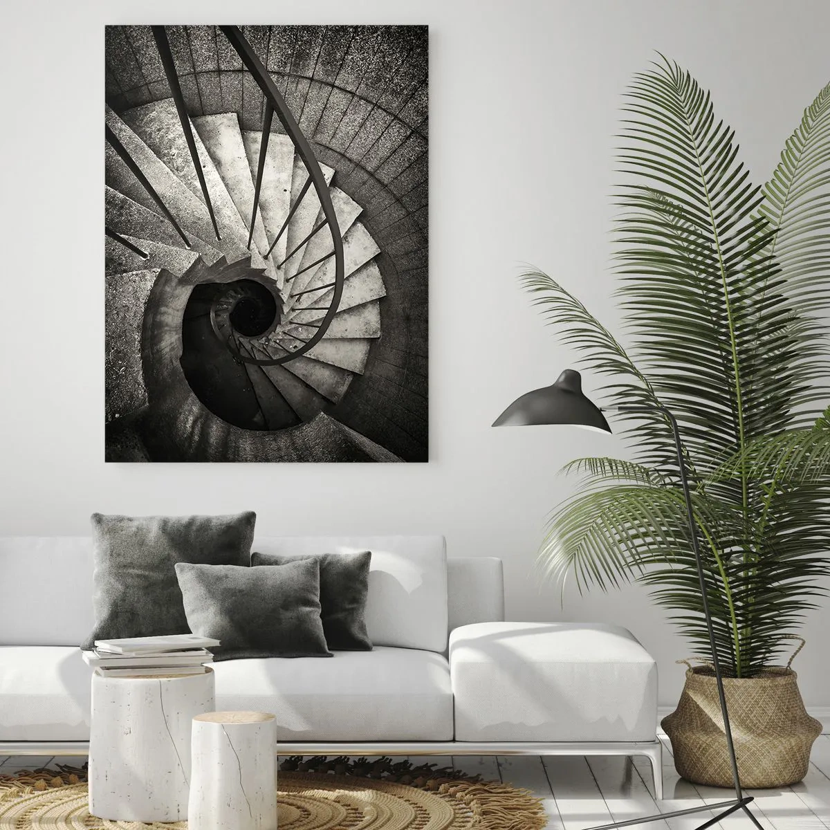 Impression sur verre - Image sur verre - Escalier en colimaçon noir et blanc de style moderne - 70x100cm - En haut des escaliers, en bas des escaliers - Décoration murale moderne pour le salon et la chambre ARTTOR
