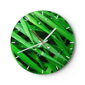 Horloge murale - Pendule murale - Gros plan de feuilles vertes couvertes de gouttes d'eau - 30x30cm - Jouez dans le vert - Décoration murale moderne pour le salon, la cuisine et la chambre ARTTOR