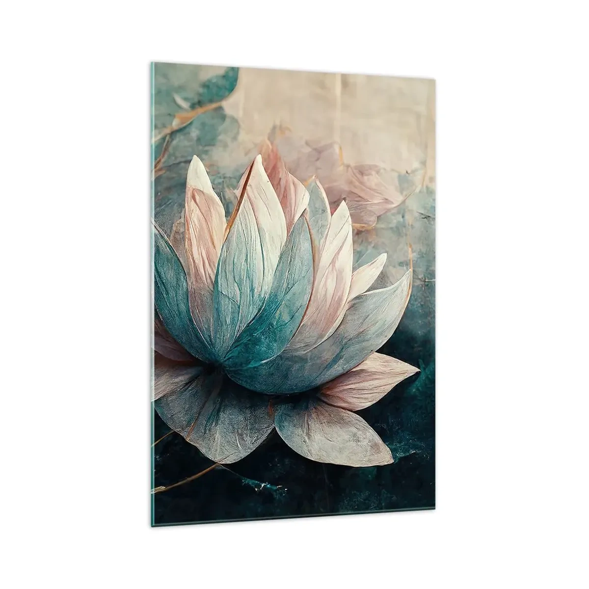 Impression sur verre - Image sur verre - De subtils nénuphars aux tons pastel de bleu et d'or - 70x100cm - Les étoiles du lac - Décoration murale moderne pour le salon et la chambre ARTTOR