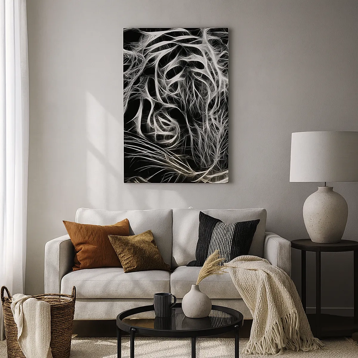 Impression sur toile - Image sur toile - Un motif abstrait représentant la silhouette d'un chat sur fond noir. - 50x70cm - Une étude de la légèreté du chat - Décoration murale moderne pour le salon et la chambre ARTTOR