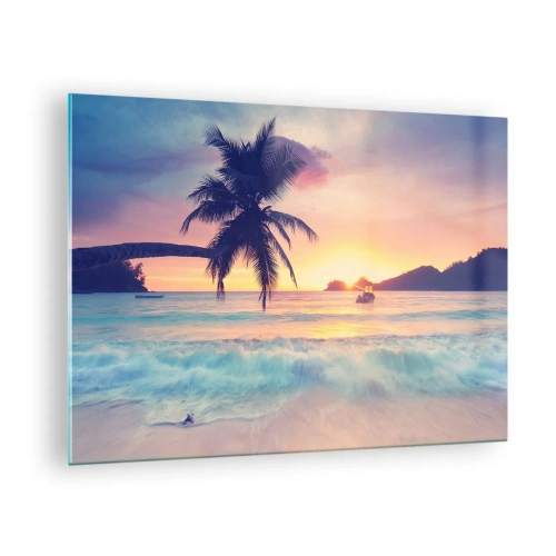 Impression sur verre - Image sur verre - Plage de palmiers au coucher du soleil avec un bateau à l'horizon - 70x50cm - Une soirée à la baie - Décoration murale moderne pour le salon et la chambre ARTTOR