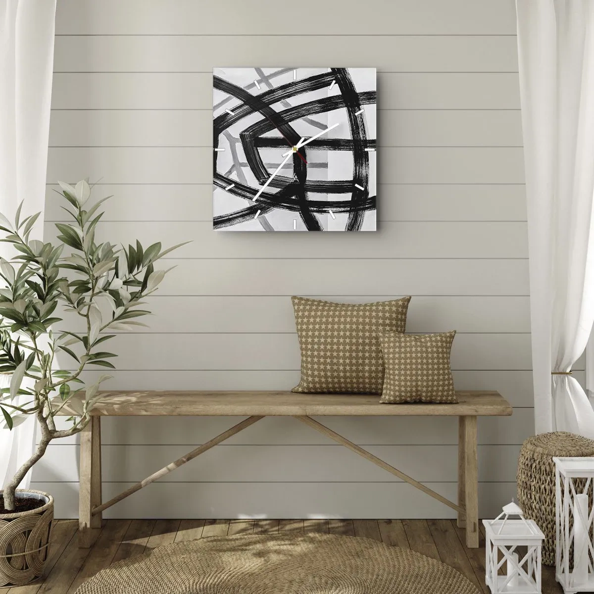 Horloge murale - Pendule murale - Lignes abstraites noires et blanches se croisant sur un fond clair - 30x30cm - Profondeur du bâtiment - Décoration murale moderne pour le salon et la chambre ARTTOR