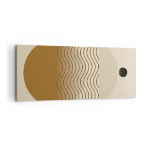 Impression sur toile - Image sur toile - Abstraction géométrique avec des cercles et des lignes ondulées aux couleurs chaudes. - 120x50cm - Sur l'origine des figures géométriques - Décoration murale moderne pour le salon et la chambre ARTTOR