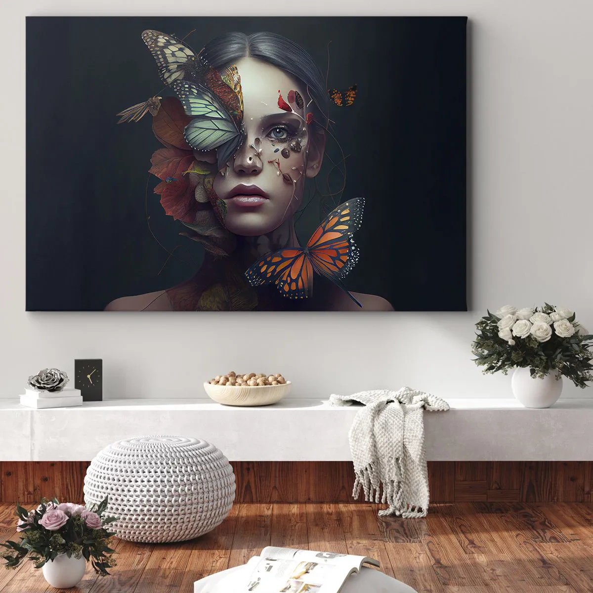 Impression sur toile - Image sur toile - Portrait d'une femme avec des papillons et des éléments végétaux - 120x80cm - Une merveilleuse métamorphose - Décoration murale moderne pour le salon et la chambre ARTTOR