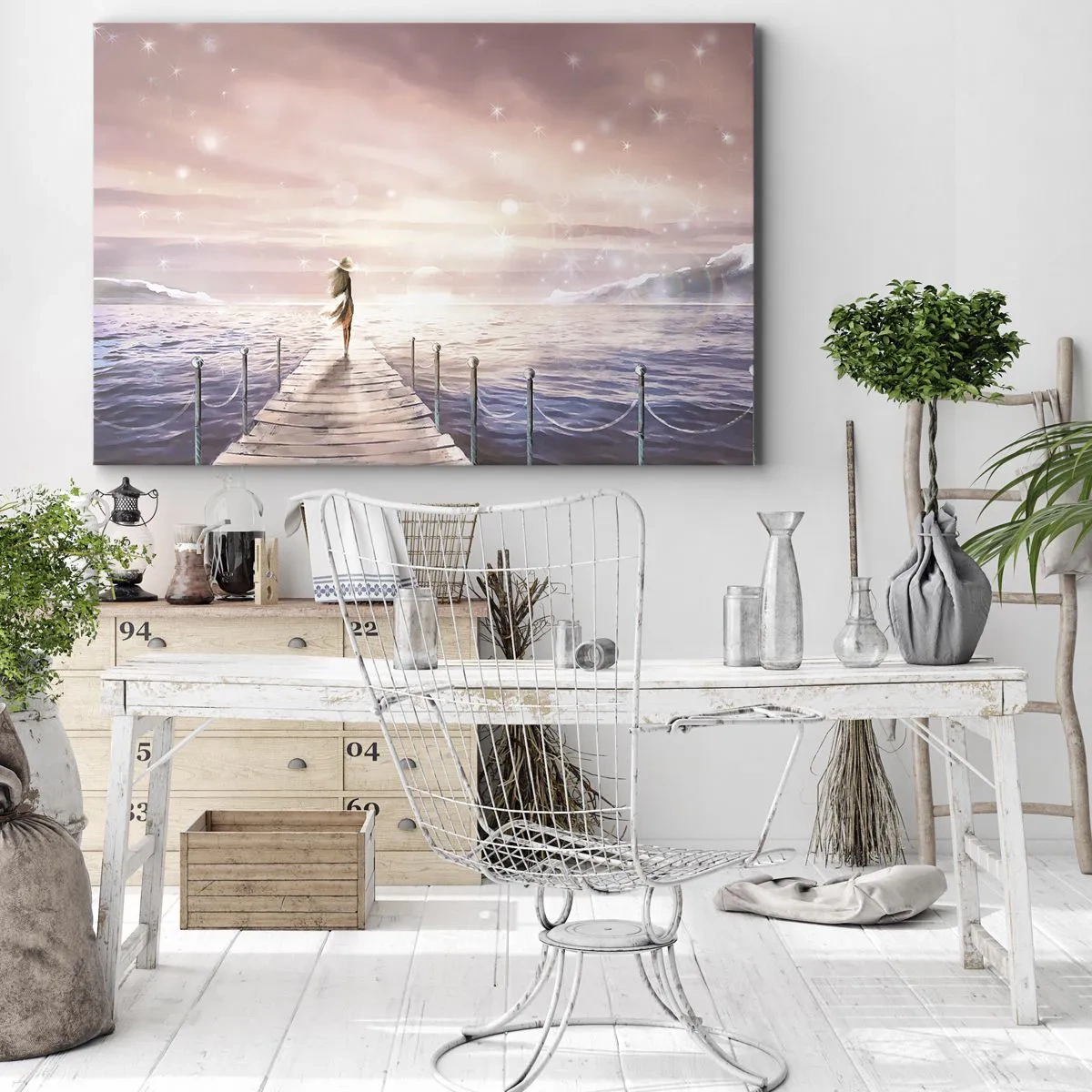 Impression sur toile - Image sur toile - Une femme sur une jetée dans un décor de coucher de soleil magique - 100x70cm - A la lumière d'un rêve - Décoration murale moderne pour le salon et la chambre ARTTOR