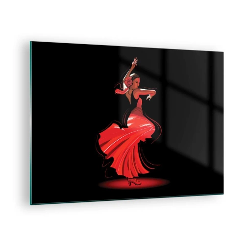 Impression sur verre - Image sur verre - Danseuse de flamenco en robe rouge sur fond noir - 70x50cm - L'esprit fougueux du flamenco - Décoration murale moderne pour le salon et la chambre ARTTOR