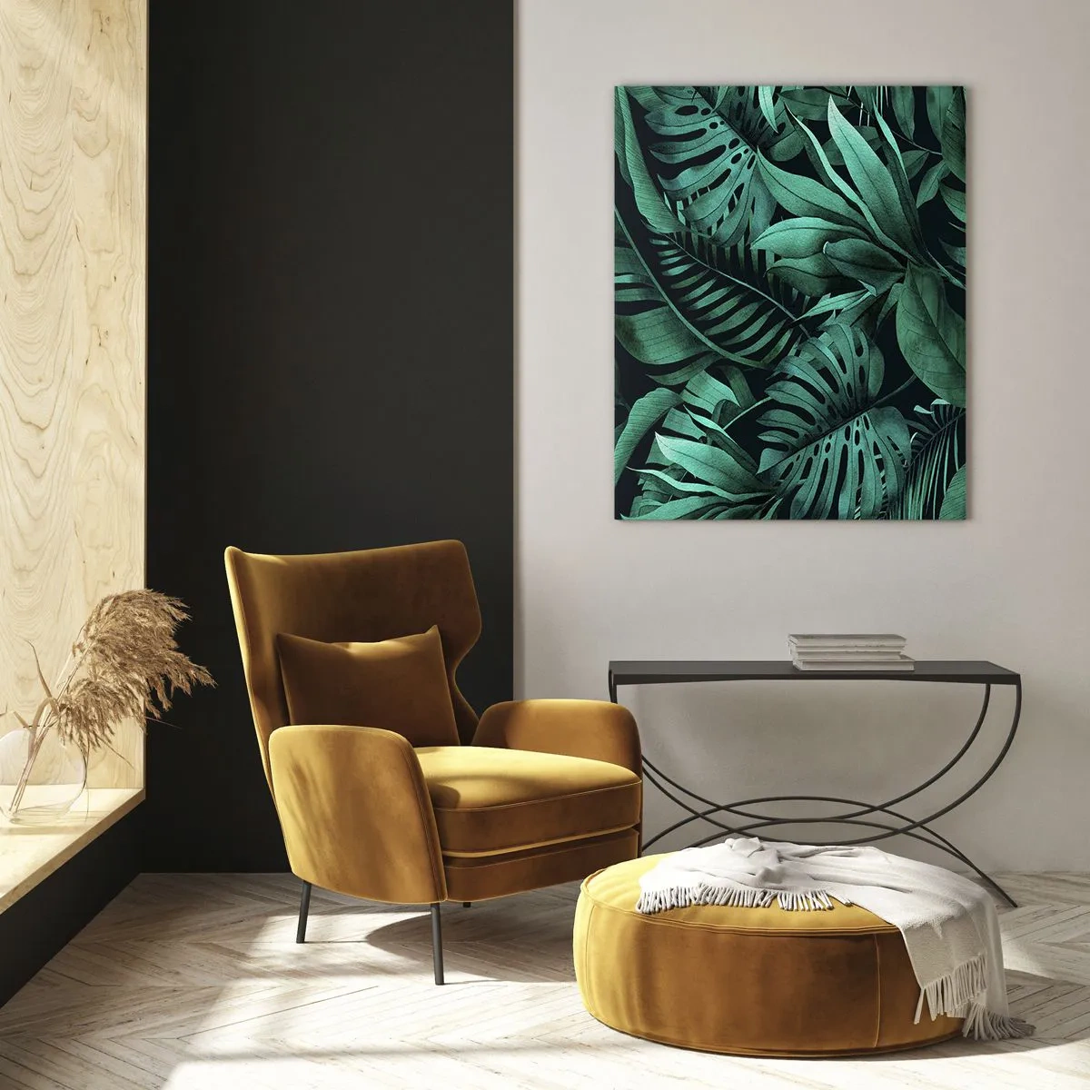 Impression sur verre - Image sur verre - Feuilles vertes luxuriantes dans une composition tropicale - 50x70cm - Profondeur du vert tropical - Décoration murale moderne pour le salon et la chambre ARTTOR