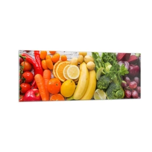 Impression sur verre - Image sur verre - Fruits et légumes colorés sur fond de bois - 140x50cm - Ce n'est pas suffisant? - Décoration murale moderne pour le salon et la chambre ARTTOR