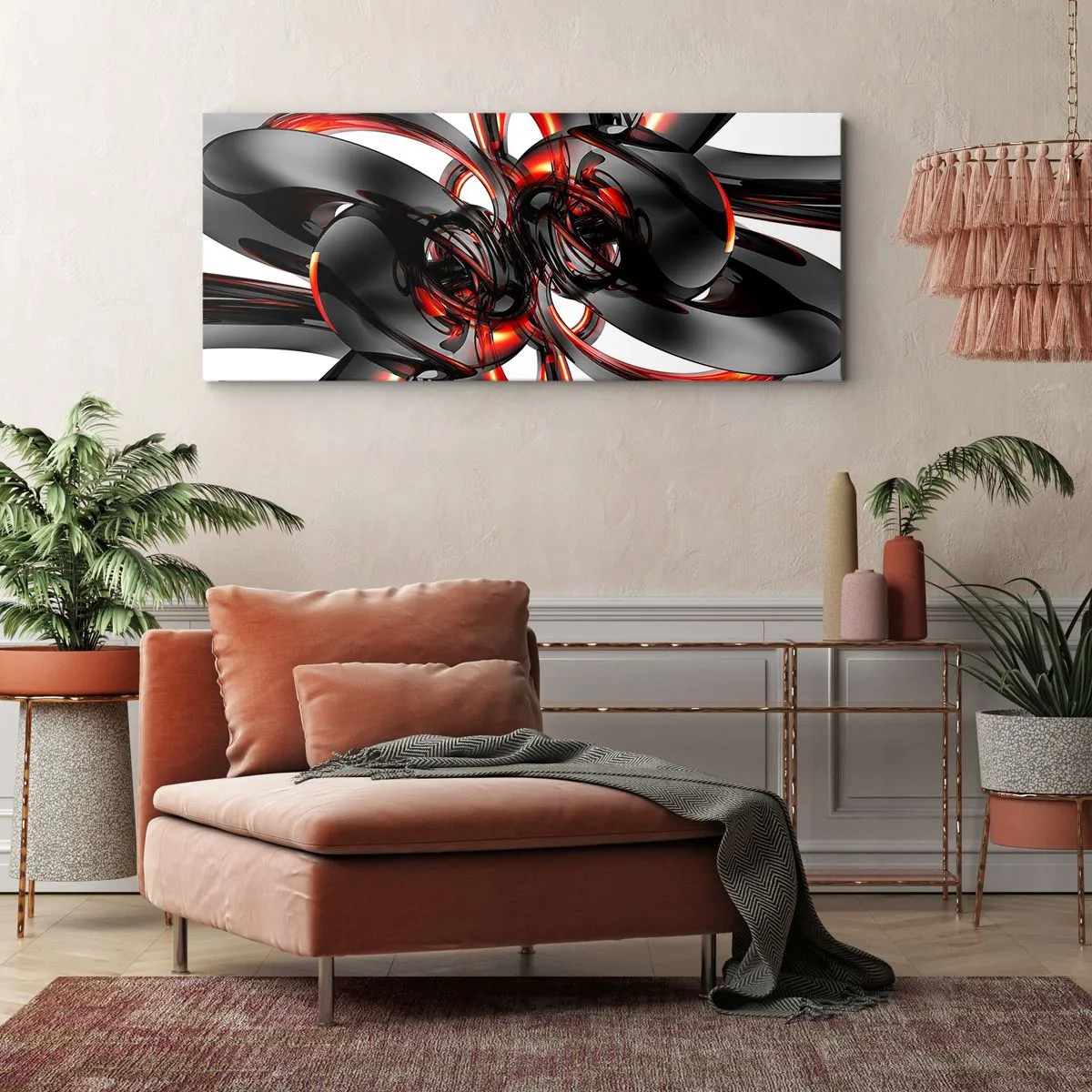 Impression sur toile - Image sur toile - Graphiques 3D abstraits avec des éléments noirs et rouges - 120x50cm - Mouvement de graphite et rouge - Décoration murale moderne pour le salon et la chambre ARTTOR