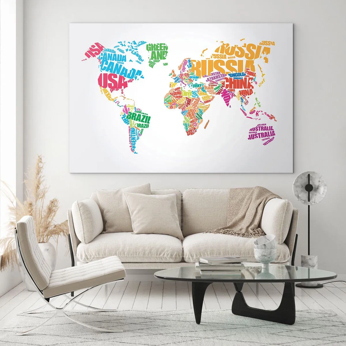 Impression sur verre - Image sur verre - Une carte du monde avec des noms de pays colorés - 100x70cm - je veux tous les rencontrer - Décoration murale moderne pour le salon et la chambre ARTTOR