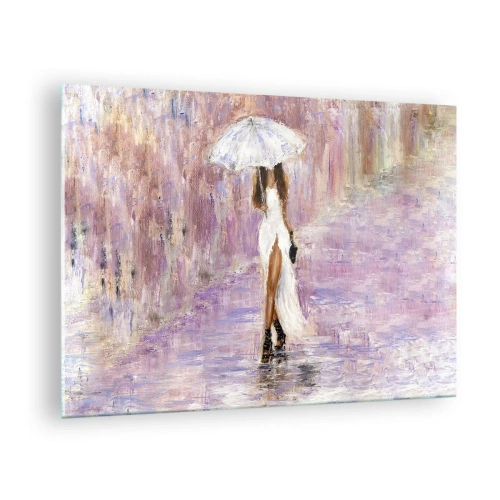 Impression sur verre - Image sur verre - Figure d'une femme avec un parapluie dans une scène de pluie lilas - 70x50cm - Sous la pluie lilas - Décoration murale moderne pour le salon et la chambre ARTTOR