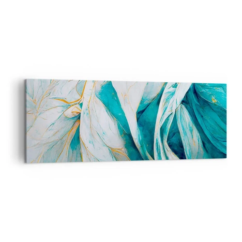 Impression sur toile - Image sur toile - Feuilles bleues abstraites avec des détails dorés - 140x50cm - Abstraction bleue avec un motif doré - Décoration murale moderne pour le salon et la chambre ARTTOR