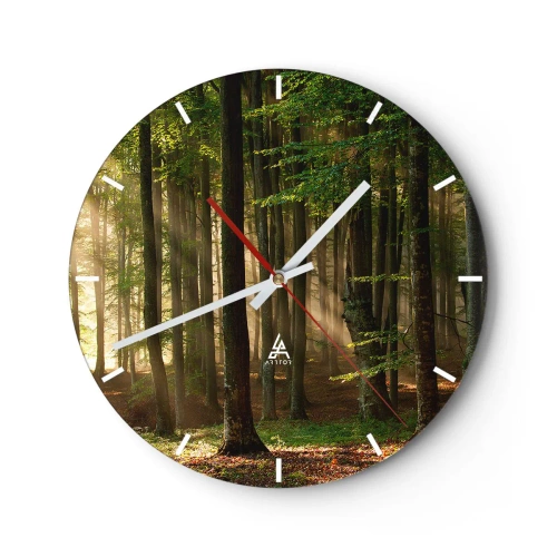 Horloge murale - Pendule murale - Les rayons du soleil brillent à travers les arbres de la forêt - 30x30cm - Rayon d'un matin de printemps - Décoration murale moderne pour le salon, la cuisine et la chambre ARTTOR