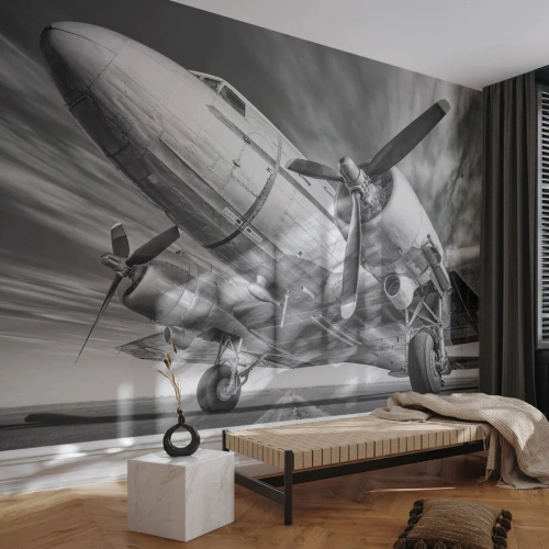 Papier Peint Photo Premium Sand - Un avion vintage noir et blanc sur la piste - 100x70cm - Toujours prêt à voler - Décoration murale moderne pour le salon et la chambre ARTTOR