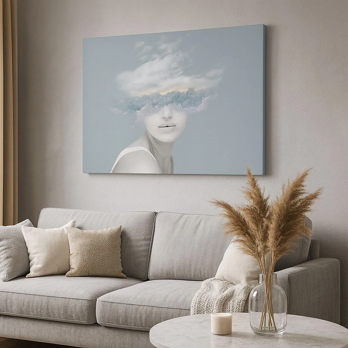 Impression sur toile - Image sur toile - Portrait d'une femme avec son visage caché derrière les nuages et les vagues - 70x50cm - La tête dans les nuages - Décoration murale moderne pour le salon et la chambre ARTTOR