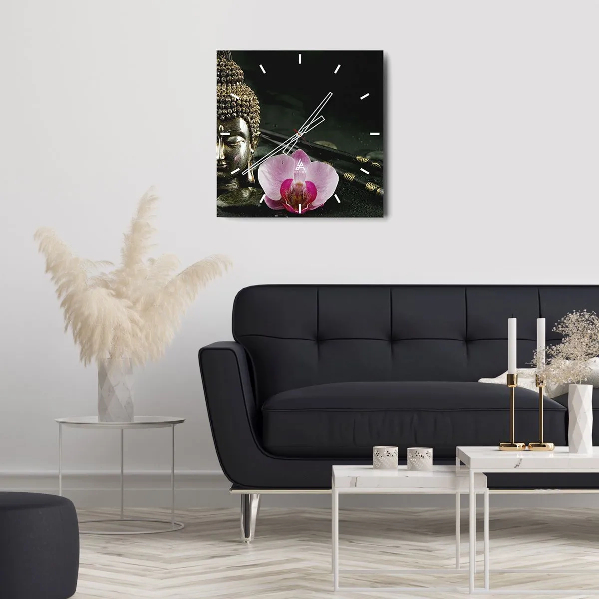 Horloge murale - Pendule murale - Une statuette de Bouddha avec une orchidée et des baguettes sur un fond de pierres - 30x30cm - Harmonie de la sagesse et de la beauté - Décoration murale moderne pour le salon et la chambre ARTTOR