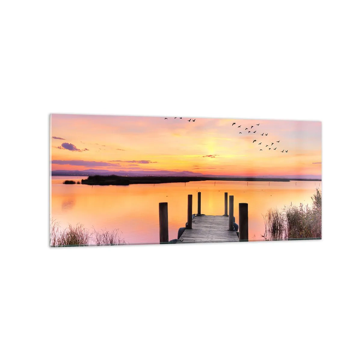 Impression sur verre - Image sur verre - Une jetée sur un lac au coucher du soleil avec des oiseaux dans le ciel - 120x50cm - Aube silencieuse violette - Décoration murale moderne pour le salon et la chambre ARTTOR