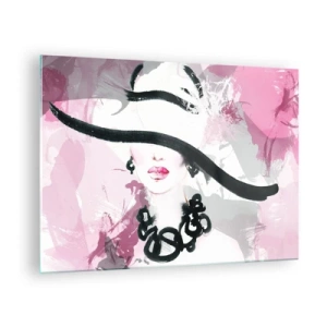 Impression sur verre - Image sur verre - Portrait d'une femme au chapeau noir sur fond rose - 70x50cm - Portrait d'une dame en noir et rose - Décoration murale moderne pour le salon et la chambre ARTTOR