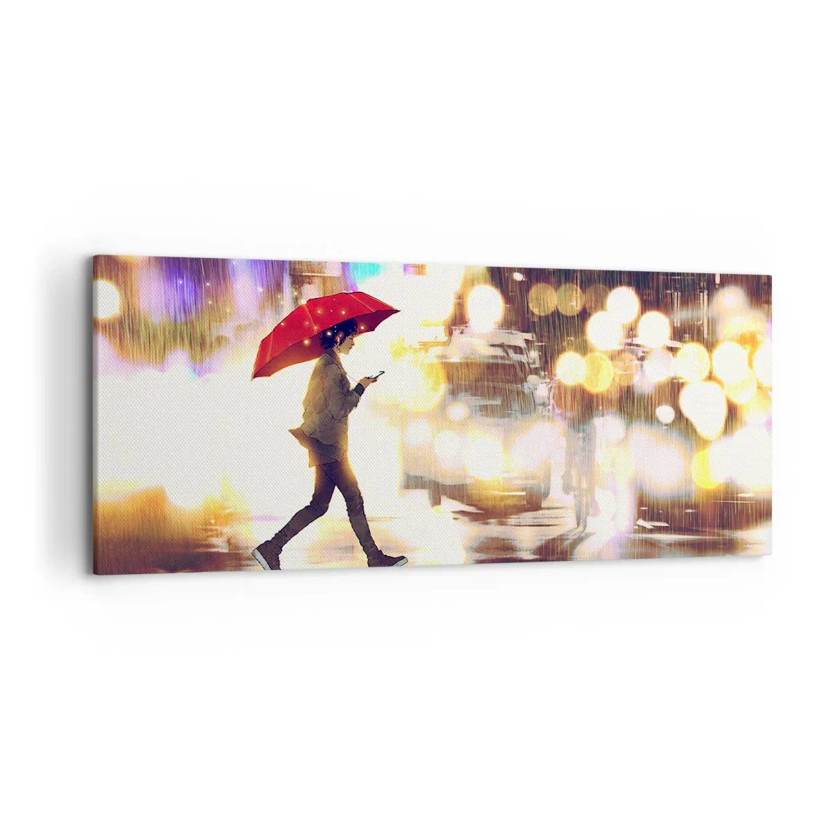 Impression sur toile - Image sur toile - Une silhouette avec un parapluie rouge dans la rue sous la pluie - 120x50cm - Et pourtant ensoleillé - Décoration murale moderne pour le salon et la chambre ARTTOR