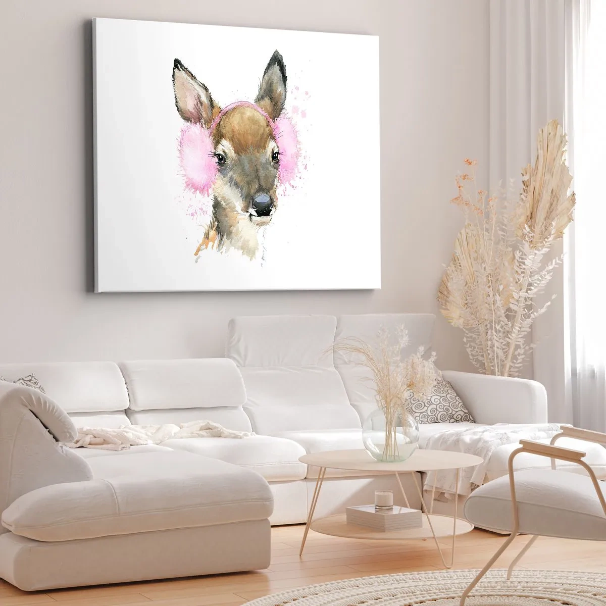 Impression sur toile - Image sur toile - Cerf aquarelle avec cache-oreilles roses - 100x70cm - Et le gel n'effraie plus - Décoration murale moderne pour le salon et la chambre ARTTOR