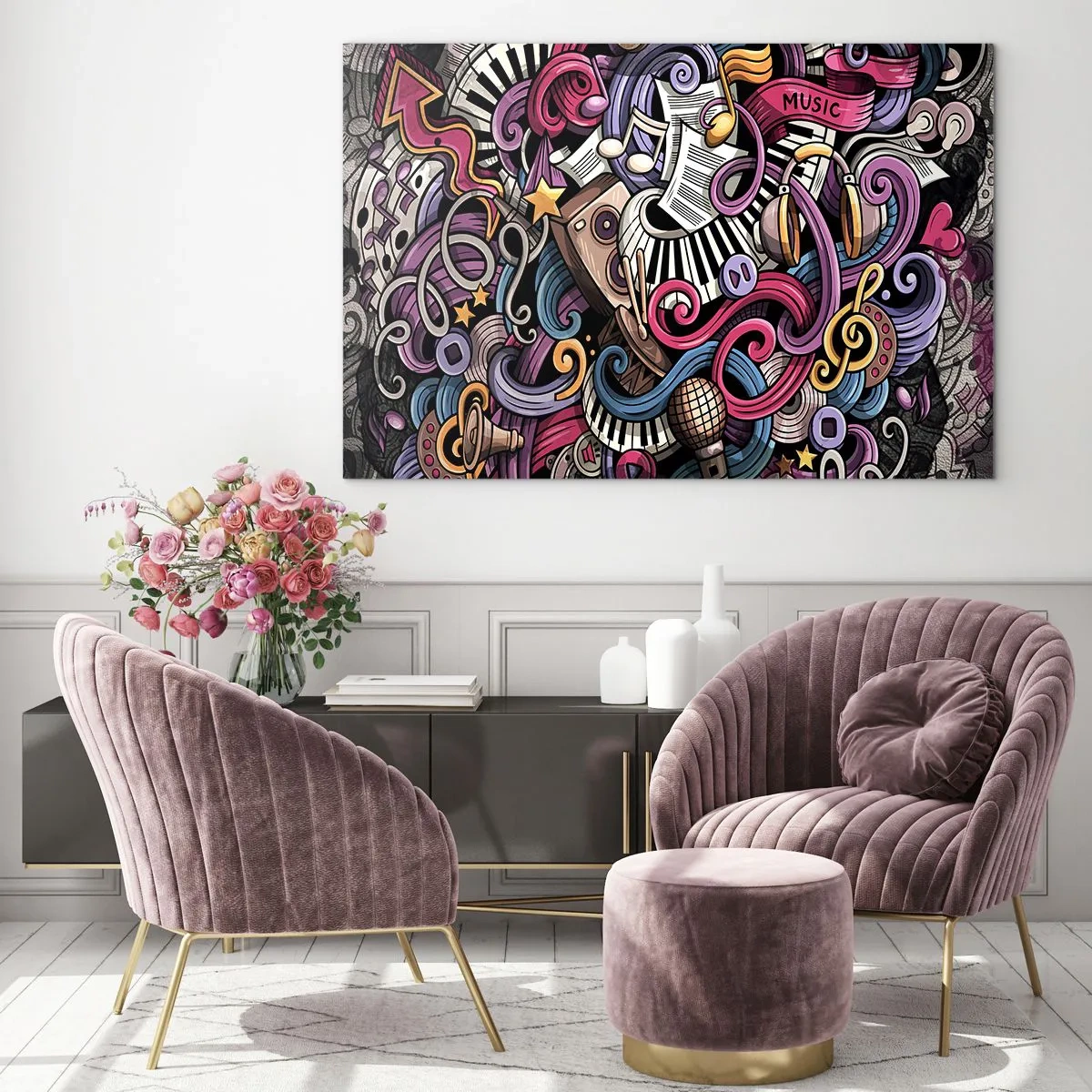 Impression sur verre - Image sur verre - Thèmes musicaux colorés avec notes et instruments - 100x70cm - Mélodie compliquée - Décoration murale moderne pour le salon et la chambre ARTTOR