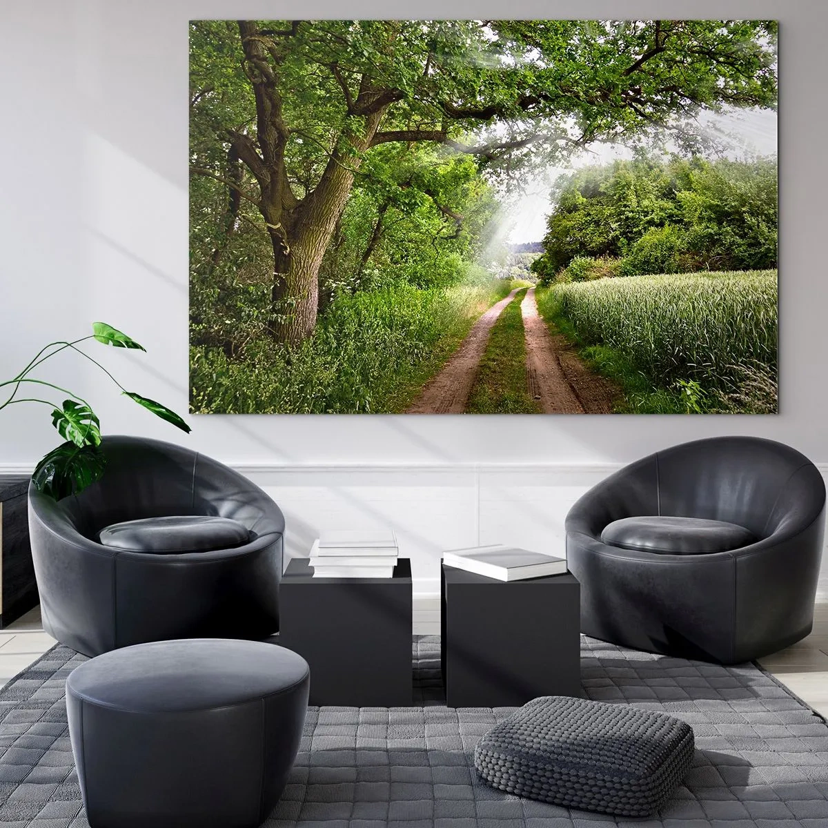 Impression sur verre - Image sur verre - Une route forestière entourée de verdure sous les rayons du soleil - 100x70cm - Et in Arcadia ego - Décoration murale moderne pour le salon et la chambre ARTTOR