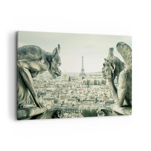 Impression sur toile - Image sur toile - Gargouilles surplombant les toits de Paris et la Tour Eiffel - 120x80cm - Bavardage parisien - Décoration murale moderne pour le salon et la chambre ARTTOR