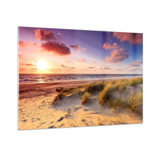 Impression sur verre - Image sur verre - Plage avec dunes au coucher du soleil - 100x70cm - L'air sent déjà l'été - Décoration murale moderne pour le salon et la chambre ARTTOR