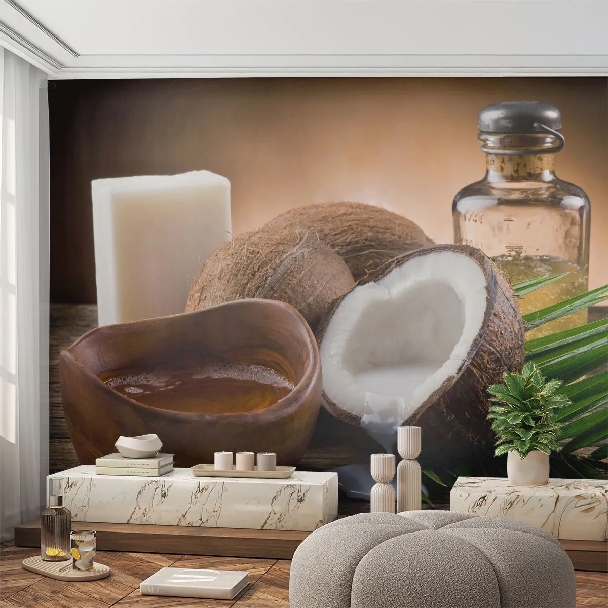 Papier Peint Photo Premium Sand - Santé des îles tropicales - Noix de coco, Spa, Huile de noix de coco - 200x140 cm