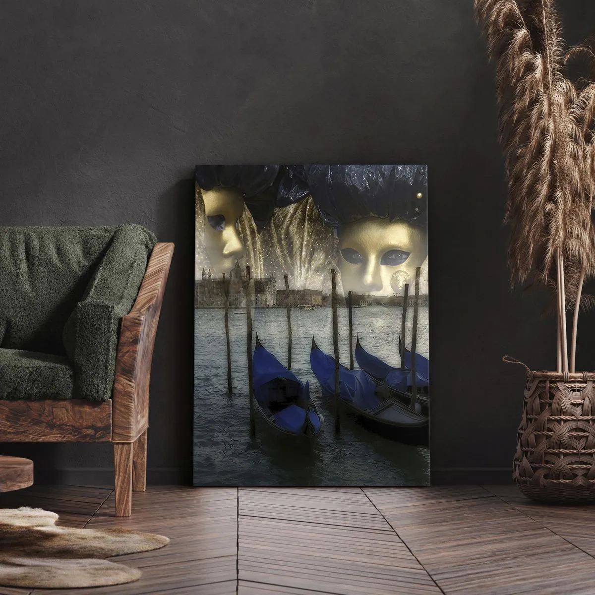 Impression sur toile - Image sur toile - Masques de carnaval vénitien et gondoles sur fond de ville et d'eau - 80x120cm - Il est temps de commencer le carnaval - Décoration murale moderne pour le salon et la chambre ARTTOR
