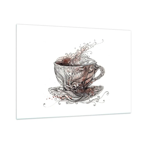 Impression sur verre - Image sur verre - Dessin artistique d'une tasse avec ornements et vapeur - 100x70cm - Du thé, bon pour tout - Décoration murale moderne pour le salon et la chambre ARTTOR