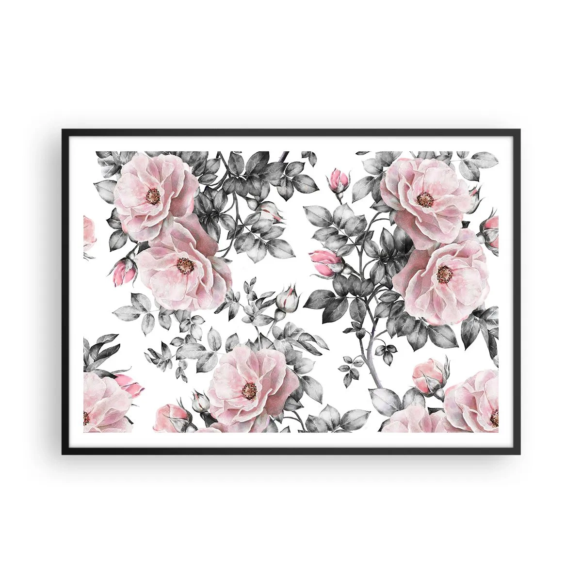 Affiche dans un cadre noir - Poster - Roses roses et feuilles sur un délicat fond noir et blanc - 100x70cm - Se perdre dans les fleurs des roses - Décoration murale moderne pour le salon et la chambre ARTTOR