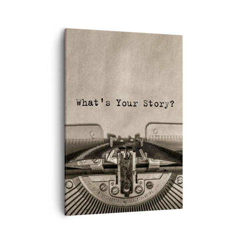 Impression sur toile - Image sur toile - Une machine à écrire avec les mots « Quelle est votre histoire ? » - 50x70cm - Réponds-moi - Décoration murale moderne pour le salon et la chambre ARTTOR