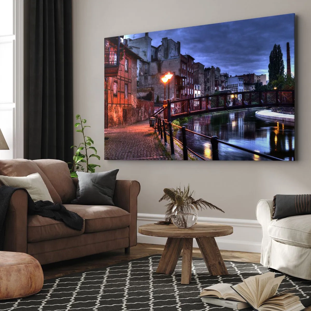 Impression sur toile - Image sur toile - Vue nocturne des immeubles d'habitation et du pont sur le canal - 100x70cm - Tu n'as pas connu ce Bydgoszcz - Décoration murale moderne pour le salon et la chambre ARTTOR