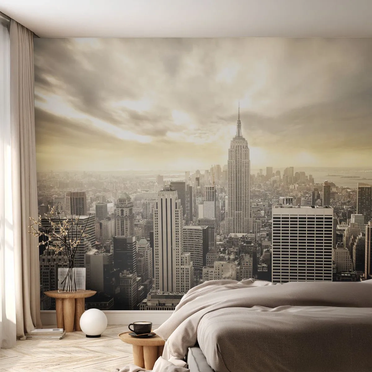 Papier Peint Photo Premium Sand - Panorama de la ville avec des gratte-ciels au coucher du soleil - 100x70cm - New York tissé de gris - Décoration murale moderne pour le salon et la chambre ARTTOR