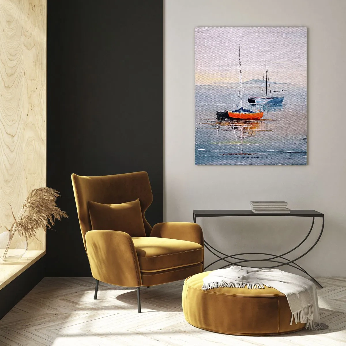 Impression sur verre - Image sur verre - Bateaux colorés dérivant sur l'eau calme au coucher du soleil - 50x70cm - Un repos bien mérité - Décoration murale moderne pour le salon et la chambre ARTTOR