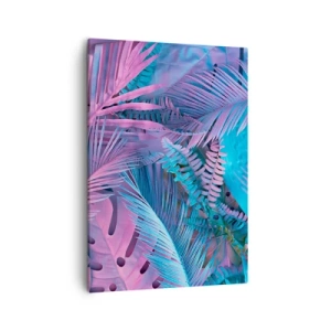 Impression sur toile - Image sur toile - Feuilles tropicales dans les tons de rose et de bleu - 50x70cm - Les tropiques en rose et bleu - Décoration murale moderne pour le salon et la chambre ARTTOR