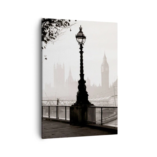Impression sur toile - Image sur toile - Une vue monochrome de Big Ben et de la Tamise. - 50x70cm - Un matin londonien - Décoration murale moderne pour le salon et la chambre ARTTOR