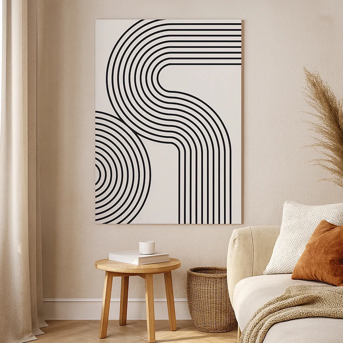 Impression sur toile - Image sur toile - Une peinture abstraite avec des lignes noires créant des motifs géométriques sur un fond blanc. - 50x70cm - En plein virage - Décoration murale moderne pour le salon et la chambre ARTTOR