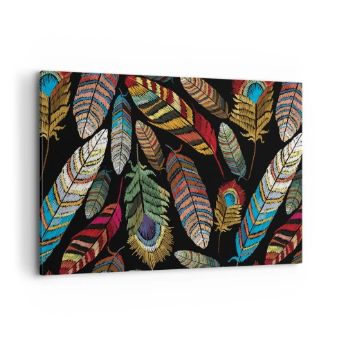 Impression sur toile - Image sur toile - Plumes colorées sur fond noir - 100x70cm - Le carnaval des oiseaux - Décoration murale moderne pour le salon et la chambre ARTTOR