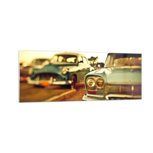 Impression sur verre - Image sur verre - Voitures classiques dans la chaude lumière du coucher du soleil - 140x50cm - Nous attendrons et verrons - Décoration murale moderne pour le salon et la chambre ARTTOR