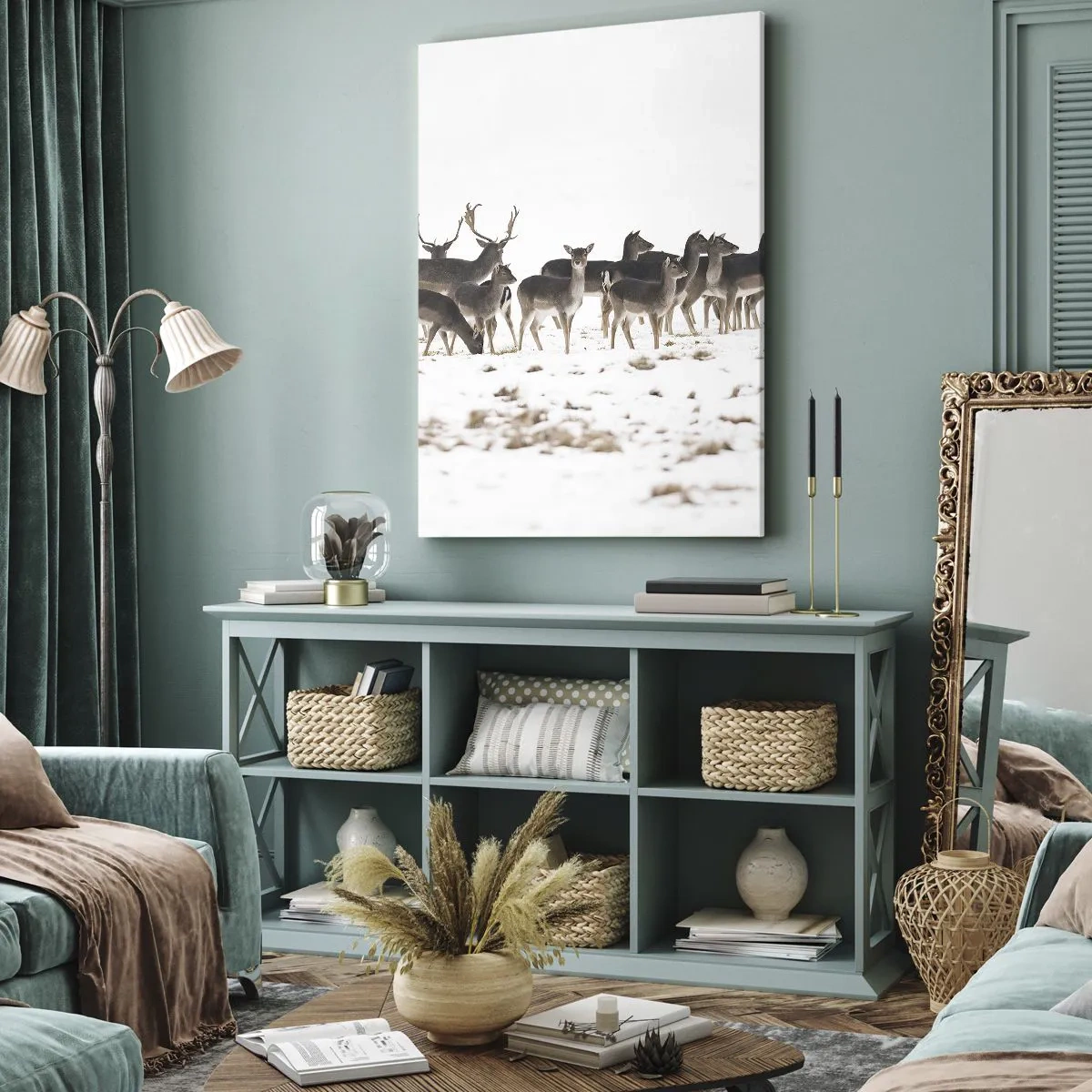 Impression sur toile - Image sur toile - Un troupeau de cerfs sur fond de neige - 50x70cm - Les fêtes approchent ? - Décoration murale moderne pour le salon et la chambre ARTTOR