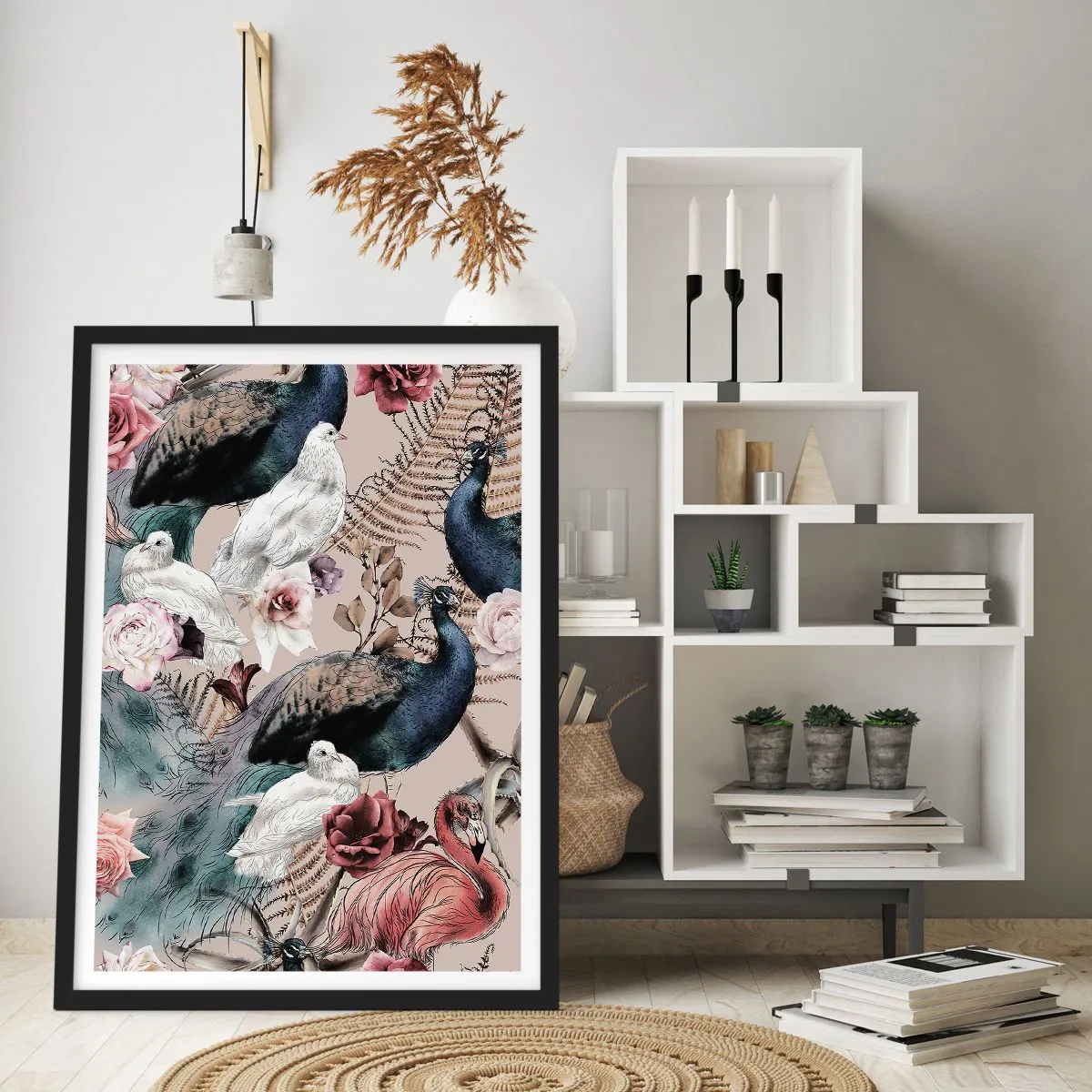 Affiche dans un cadre noir - Poster - Oiseaux et fleurs colorés sur fond beige - 50x70cm - Dans un jardin de palace - Décoration murale moderne pour le salon et la chambre ARTTOR